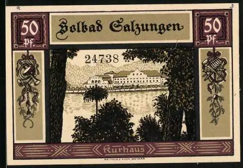 Notgeld Bad Salzungen, 1921, 50 Pf, Kurhaus und Stadtansicht mit Wappen