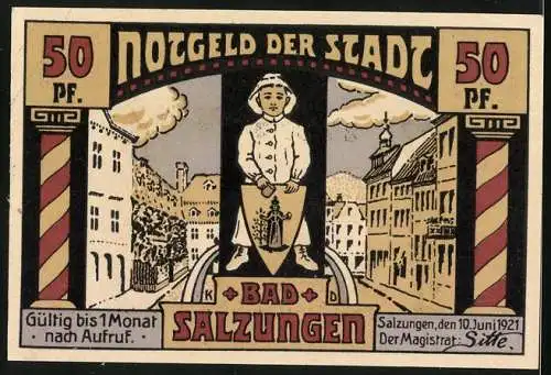 Notgeld Bad Salzungen, 1921, 50 Pf, Kurhaus und Stadtansicht mit Wappen