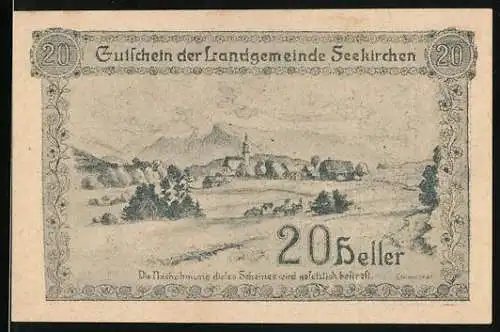 Notgeld Seekirchen, 1920, 20 Heller, Landschaft mit Dorf und Kirche, Rückseite mit Ausgabeinformationen