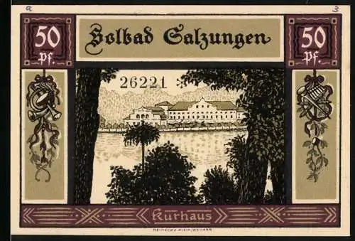 Notgeld Bad Salzungen 1921, 50 Pf, Kurhaus und Stadtansicht mit Wappen