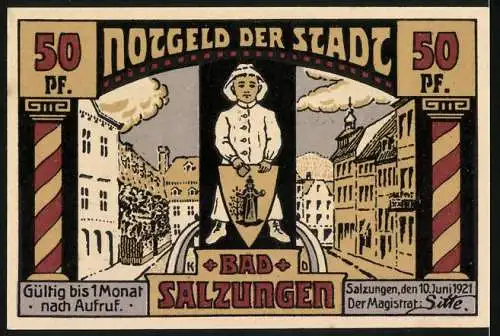 Notgeld Bad Salzungen 1921, 50 Pf, Kurhaus und Stadtansicht mit Wappen