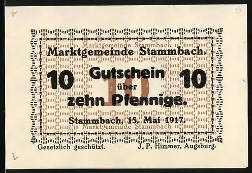 Notgeld Stammbach 1917, 10 Pfennig, Gutschein über zehn Pfennige, Marktgemeinde Stammbach, 15. Mai 1917