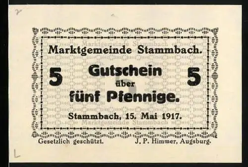 Notgeld Stammbach, 1917, 5 Pfennig, Gutschein über fünf Pfennige, Markgemeinde Stammbach, Gesetzlich geschützt