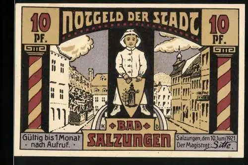 Notgeld Bad Salzungen, 1921, 10 Pfennig, Stadtansicht mit Kind und Kinderheilstätte Charlottenhall