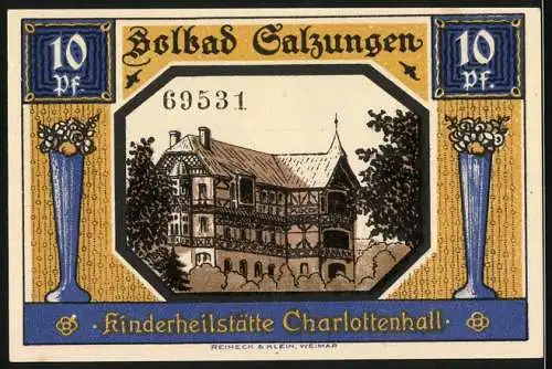 Notgeld Bad Salzungen, 1921, 10 Pfennig, Stadtansicht mit Kind und Kinderheilstätte Charlottenhall