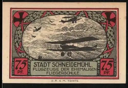 Notgeld Schneidemühl, 75 Pf, Flugzeuge der ehemaligen Fliegerschule und Stadtwappen, 38388