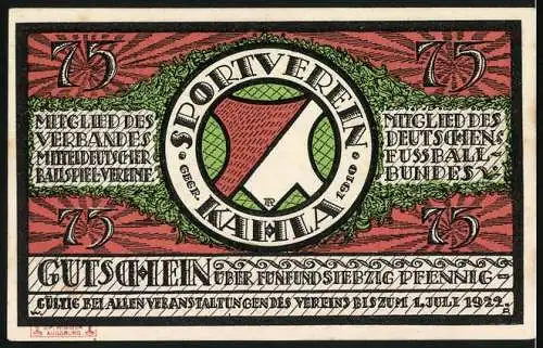 Notgeld Kahla 1921, 75 Pfennig, Mitteldeutsches Fussball-Turnier mit Fussballspieler und Vereinswappen