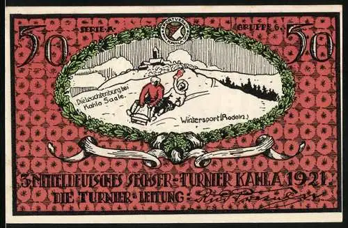 Notgeld Kahla 1921, 50 Pfennig, Wintersportmotiv mit Schlittenfahrer vor Berglandschaft und Sportverein-Emblem