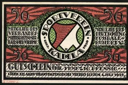 Notgeld Kahla 1921, 50 Pfennig, Wintersportmotiv mit Schlittenfahrer vor Berglandschaft und Sportverein-Emblem