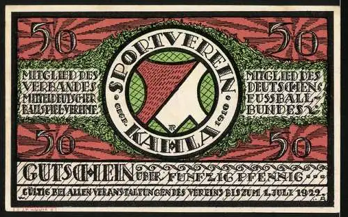 Notgeld Kahla 1921, 50 Pfennig, Sportverein Kahla Kugelstossen und Vereinslogo