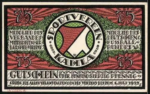 Notgeld Kahla 1921, 75 Pfennig, 3. Mitteldeutsches Sänger-Turnier und Sportverein Kahla Mitgliedschaften