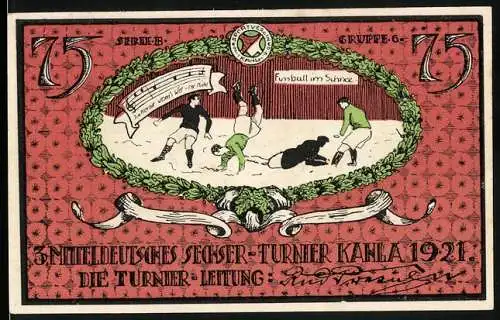 Notgeld Kahla 1921, 75 Pfennig, Mitteldeutsches Sechser-Turnier, Fussball im Schnee, Gutschein gültig bis 1922