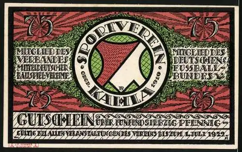 Notgeld Kahla 1921, 75 Pfennig, Mitteldeutsches Sechser-Turnier, Fussball im Schnee, Gutschein gültig bis 1922