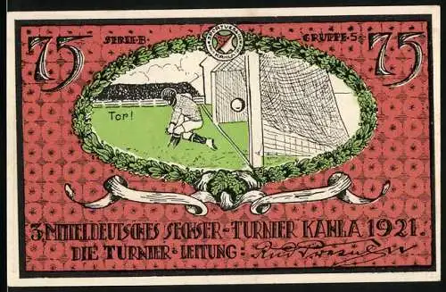 Notgeld Kahla 1921, 75 Pfennig, Mitteldeutsches Sechser-Turnier Fussballmotiv mit Gutschein