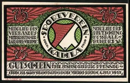 Notgeld Kahla 1921, 75 Pfennig, Mitteldeutsches Sechser-Turnier Fussballmotiv mit Gutschein