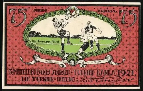 Notgeld Kahla 1921, 75 Pfennig, Fussballspiel-Szene mit Torwart fängt Ball und Vereinslogo