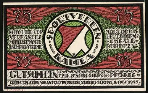 Notgeld Kahla 1921, 75 Pfennig, Fussballspiel-Szene mit Torwart fängt Ball und Vereinslogo