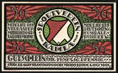 Notgeld Kahla 1921, 50 Pfennig, Ruderer und Sportverein-Emblem