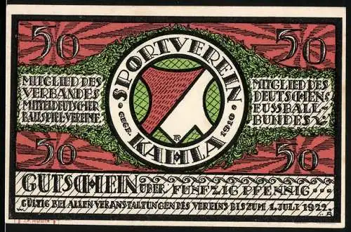 Notgeld Kahla 1921, 50 Pfennig, Sportverein Kahla, Tennis-Turnier und Verbandsmitgliedschaft