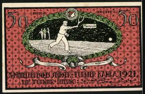 Notgeld Kahla 1921, 50 Pfennig, Sportverein Kahla, Tennis-Turnier und Verbandsmitgliedschaft