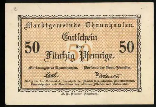 Notgeld Thannhausen, 50 Pfennig, Gutschein der Marktgemeinde mit Gebäude-Illustration