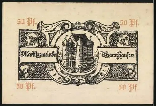 Notgeld Thannhausen, 50 Pfennig, Gutschein der Marktgemeinde mit Gebäude-Illustration