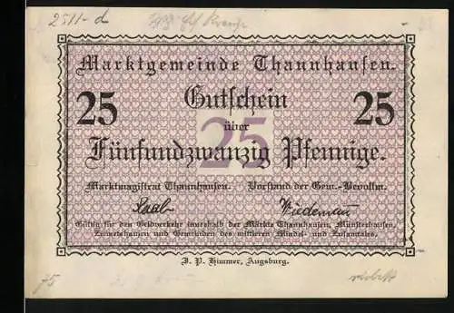 Notgeld Thannhausen, 1921, 25 Pfennig, Gutschein mit Burgmotiv und lilafarbenem Herzmuster