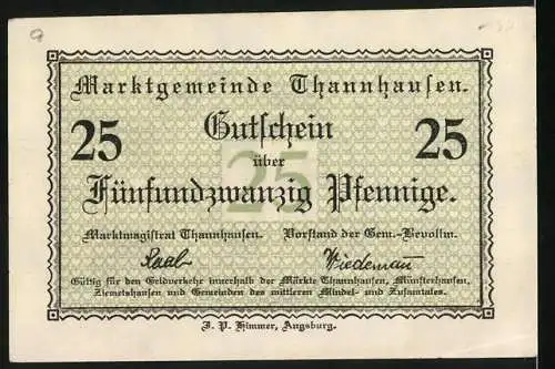 Notgeld Thannhausen, 1920, 25 Pf., Marktkirche und Gutscheinschrift