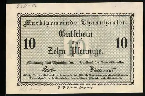 Notgeld Thannhausen, 10 Pfennig, Gutschein der Marktgemeinde mit Burgtor-Illustration