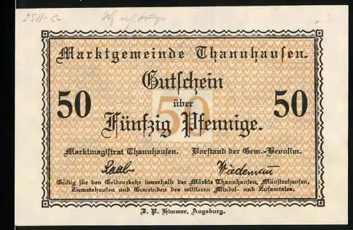 Notgeld Thannhausen, 50 Pfennig, Gutschein mit historischem Gebäudeabbild