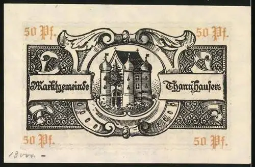 Notgeld Thannhausen, 50 Pfennig, Gutschein mit historischem Gebäudeabbild