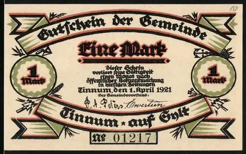 Notgeld Tinnum 1921, 1 Mark, Gutschein der Gemeinde Tinnum auf Sylt mit Abbildung des Thinghügels