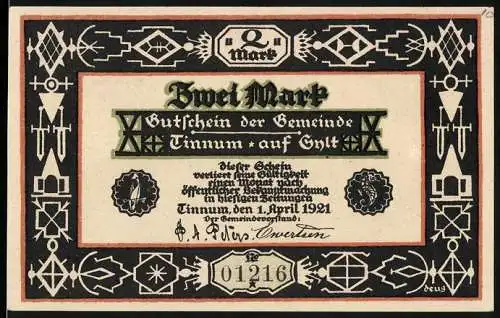 Notgeld Tinnum 1921, 2 Mark, Gutschein der Gemeinde Tinnum auf Sylt mit Büschenbrennen-Motiv