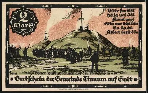 Notgeld Tinnum 1921, 2 Mark, Gutschein der Gemeinde Tinnum auf Sylt mit Büschenbrennen-Motiv