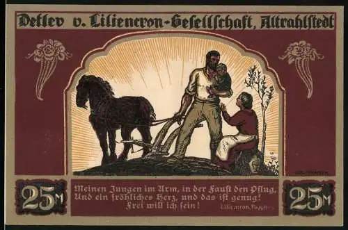 Notgeld Altrahlstedt, 1922, 25 Mark, Pflug mit Familie und Arbeitszimmer von Liliencron