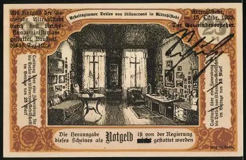 Notgeld Altrahlstedt, 1922, 25 Mark, Pflug mit Familie und Arbeitszimmer von Liliencron