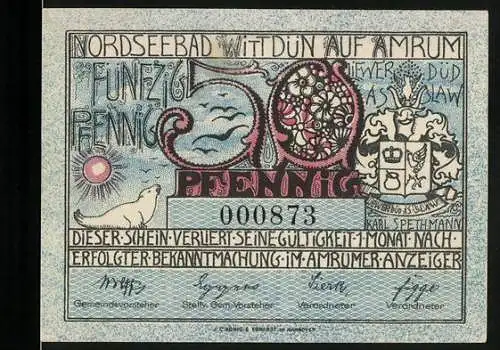 Notgeld Wittdün auf Amrum, 1920, 50 Pfennig, Nordseebad mit Robbe und Wappen sowie deutsche Fahnen und Inschrift