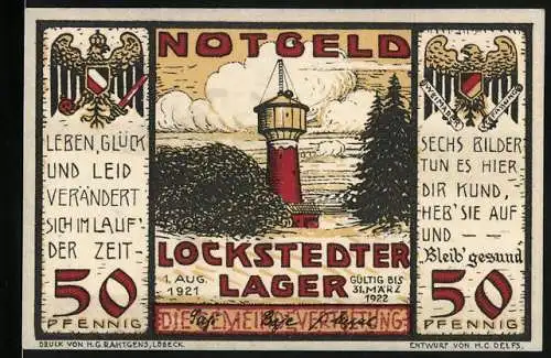 Notgeld Lockstedter Lager, 1921, 50 Pfennig, Leuchtturm und Revolution 9. Nov. 1918, Licht aus! Messer raus! Blut ...