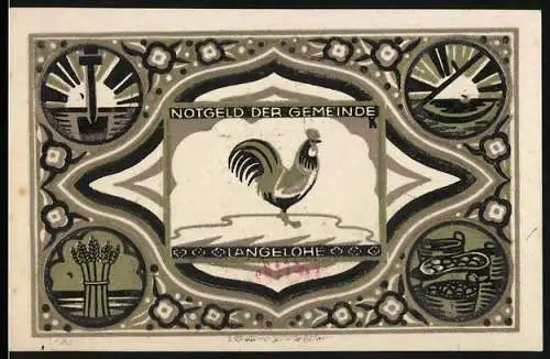 Notgeld Langelohe, 1921, 25 Pfennig, Hahn und ländliche Symbole, grün-schwarz-weisse Gestaltung