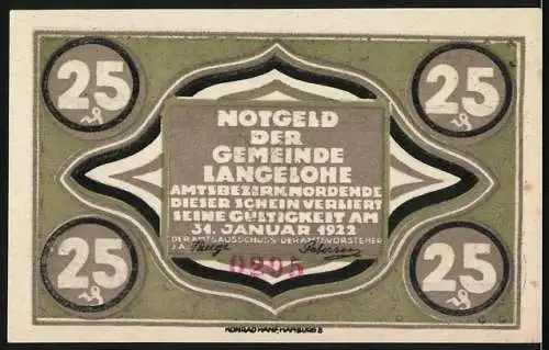 Notgeld Langelohe, 1921, 25 Pfennig, Hahn und ländliche Symbole, grün-schwarz-weisse Gestaltung