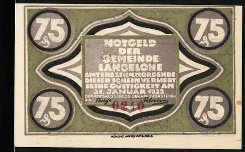 Notgeld Langelohe 1922, 75 Pfennig, Pferdemotiv und landwirtschaftliche Symbole