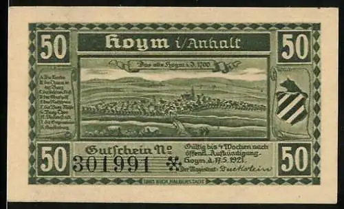 Notgeld Hoym / Anhalt, 1921, 50 Pfennig, Stadtansicht und Kirche, grün