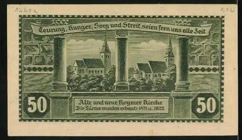 Notgeld Hoym / Anhalt, 1921, 50 Pfennig, Stadtansicht und Kirche, grün