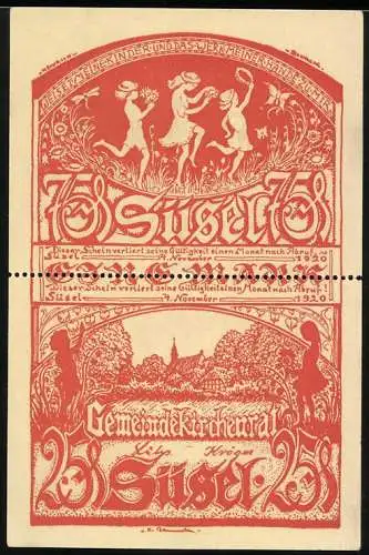 Notgeld Süsel 1920, 100 Pfennig, tanzende Kinder und Landschaftsmotive in Rot