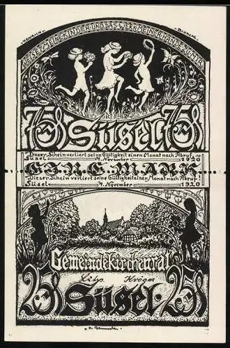 Notgeld Süsel, 1920, 100 Pfennig, Kinder tanzen, Landschaft und Gebäude, Gemeinde Süsel