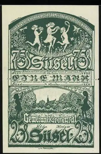 Notgeld Süsel 1920, 100 Pfennig, Drei tanzende Kinder und Landschaft mit Kirche