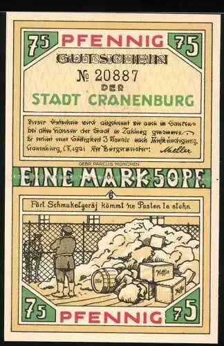 Notgeld Cranenburg, 1921, 2x 75 Pfennig, Stadtansicht und Schmuggelillustration