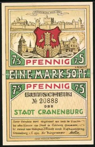Notgeld Cranenburg, 1921, 2x 75 Pfennig, Stadtansicht und Schmuggelillustration