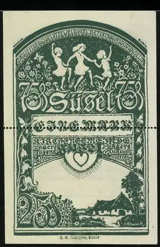 Notgeld Süsel, 1920, 100 Pfennig, Tänzerinnen und ländliches Haus, grün, Vorder- und Rückseite