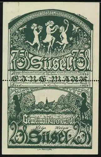 Notgeld Süsel, 1920, 100 Pfennig, Tänzerinnen und ländliches Haus, grün, Vorder- und Rückseite